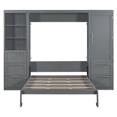 Queen Size Murphy Bed with Closet, Drawers and Shelves, Space-saving Design and Integrated Storage, 120" L x 20" W x 88.5" H, Grey