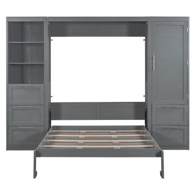 Queen Size Murphy Bed with Closet, Drawers and Shelves, Space-saving Design and Integrated Storage, 120" L x 20" W x 88.5" H, Grey