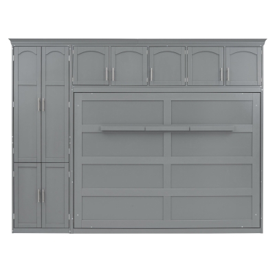Queen Size Murphy Bed with Integrated Storage, Space-saving Wall Bed with Customizable Configuration, 117.5" L x 16" W x 88" H, Grey
