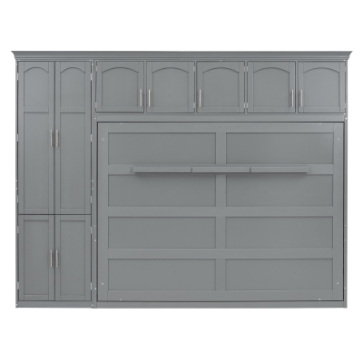 Queen Size Murphy Bed with Integrated Storage, Space-saving Wall Bed with Customizable Configuration, 117.5" L x 16" W x 88" H, Grey