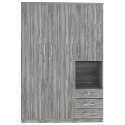 2-Door Wooden Wardrobe with Shelves and 3 Drawers, Built-in Hanging Rod, Safe and Stable Design, 47" L x 20" W x 69" H, Grey