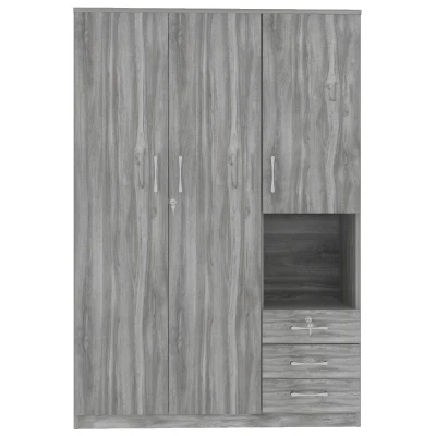 2-Door Wooden Wardrobe with Shelves and 3 Drawers, Built-in Hanging Rod, Safe and Stable Design, 47" L x 20" W x 69" H, Grey
