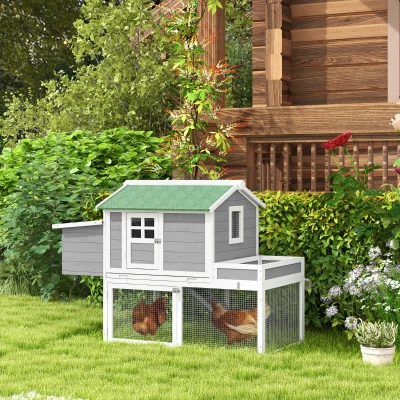 PawHut Wooden Chicken Coop with Run, Nesting Box & Tray, Gray