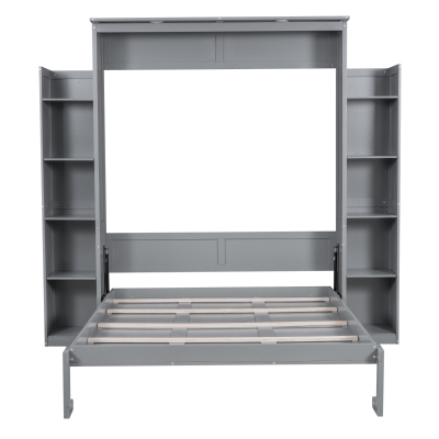 Queen Size Murphy Bed with Shelves and LED Lights, Space-Saving Wall Bed with Flexible Slats, 97.5" L x 84.5" W x 88.5" H, Grey