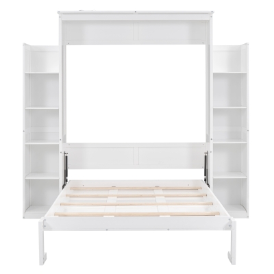 Full Size Murphy Bed with Shelves and LED Lights, Space-Saving Wall Bed with Flexible Slats, 91" L x 81" W x 84" H, White