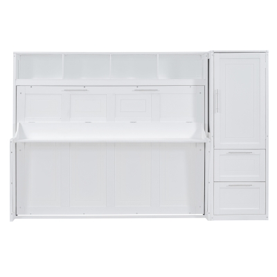 Full Size Murphy Bed with Closet and Drawers, Space-saving Design and Integrated Storage, 107.5" L x 58" W x 72" H, White