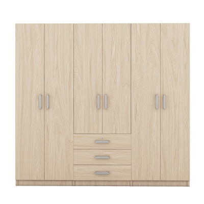 6-Door Wooden Wardrobe with 3 Drawers, MDF Construction, Silver Handles, Space-Saving Bedroom Storage, 71" L x 19" W x 68" H, Natural