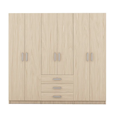 6-Door Wooden Wardrobe with 3 Drawers, MDF Construction, Silver Handles, Space-Saving Bedroom Storage, 71" L x 19" W x 68" H, Natural