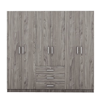 6-Door Wooden Wardrobe with 3 Drawers, MDF Construction, Compact Design, Space-Saving Bedroom Storage, 71" L x 19" W x 68" H, Grey