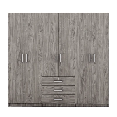 6-Door Wooden Wardrobe with 3 Drawers, MDF Construction, Compact Design, Space-Saving Bedroom Storage, 71" L x 19" W x 68" H, Grey