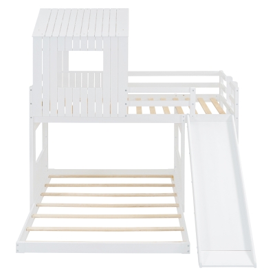 Wooden Twin Over Full Bunk Bed with Playhouse, Farmhouse Style Loft Bed with Ladder, Slide and Guardrails, 82" L x 89" W x 82.5" H, White