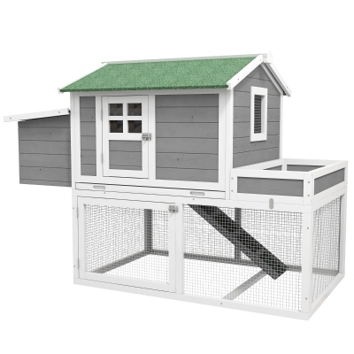 PawHut Wooden Chicken Coop with Run, Nesting Box & Tray, Gray