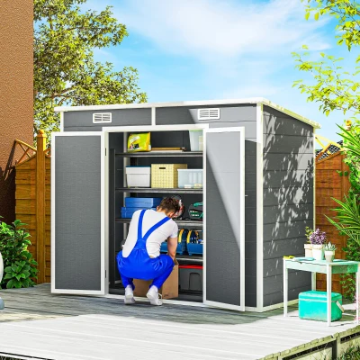 Outsunny 8' x 4' Plastic Outdoor Storage Shed with Floor, Window, Lockable Doors and Vents for Backyard Patio Lawn, Gray(m-2)