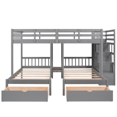 Space-Saving Full Over Twin Bed with Drawers and Guardrails, Twin Triple Bunk Bed with Pine Wood Frame, 115" L x 76" W x 64.5" H, Grey