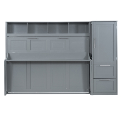 Full Size Murphy Bed with Closet and Drawers, Space-Saving Design and Integrated Storage, 107.5" L x 58" W x 72" H, Grey