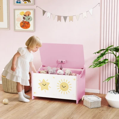 Qaba Pink Toy Box with Lid, Safety Hinges & Groove Handles