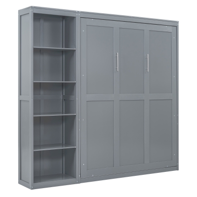 Queen Size Murphy Bed with Storage Shelves, Dual Piston Mechanism, Space-Saving Wall Bed with Flexible Slats, 94" L x 16" W x 88.5" H, Grey