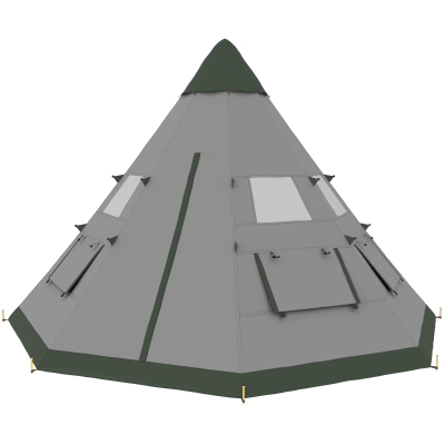 Outsunny 6 People Camping in a Family Teepee Tent with Mesh Windows, Tent Floor, Door and Carry Bag for Hiking, Picnic, Grey