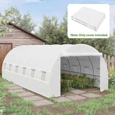 Outsunny 19.7' x 9.8' x 6.6' Plastic Greenhouse Cover Replacement, Heavy Duty Waterproof Tarp for Hoop House, Sheeting with 12 Windows, Door & Reinforcement Grid, White(m-2)