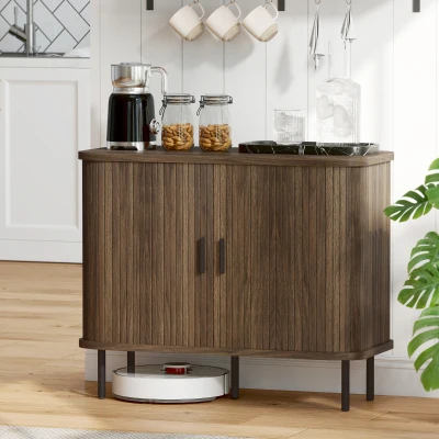 HOMCOM 35" Walnut Sideboard Buffet Cabinet with Tambour Doors