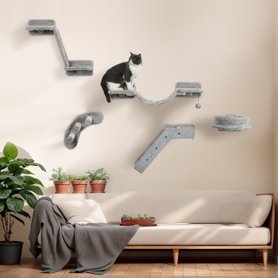 PawHut 5PCs Cat Wall Shelves with Scratching Post, Ladder, Cat Bed, Jumping Platform, Perches, Toy Ball, Step