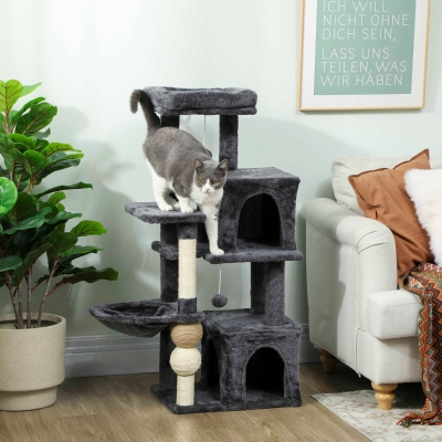 PawHut Cat Tower, 42" Multi-Level Cat Tree with Padded Plush Perch, Hammock, 2 Door Condos, Scratching Posts, Toy Balls