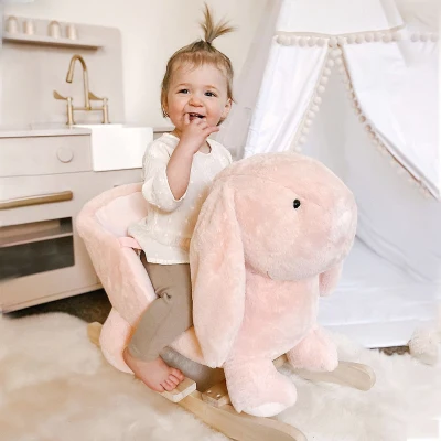 Qaba Wooden Rocking Horse with Sound, Plush Chair for Kids, Pink