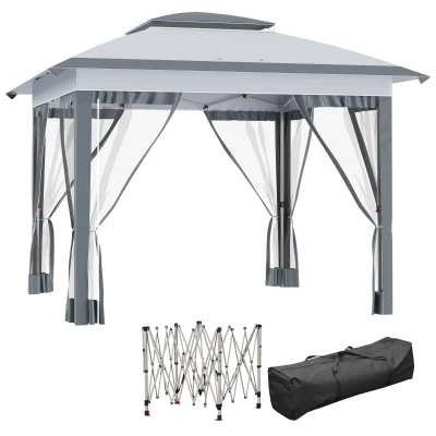 Outsunny 12' x 12' Pop Up Canopy Sun Shade Instant Tent Folding with Mesh Sidewalls, 3-Level Adjustable Height and Storage Bag, Gray