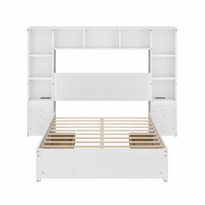 Full Size Pine Wood Platform Bed with 2 Nightstands, White