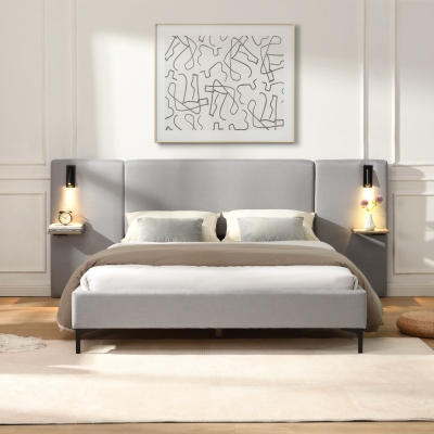 Queen Size Linen Upholstered Bed with Shelves, Grey