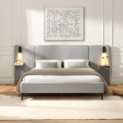 Queen Size Linen Upholstered Bed with Shelves, Grey