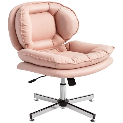 HOMCOM Criss Cross Chair, Armless Wide Office Chair with Leathaire Upholstery, Tilting, No Wheels, Pink