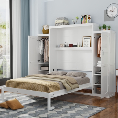 Full Size Murphy Bed with 2 Wardrobes and Storage Shelf, White