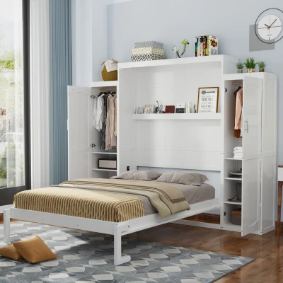 Full Size Murphy Bed with 2 Wardrobes and Storage Shelf, White
