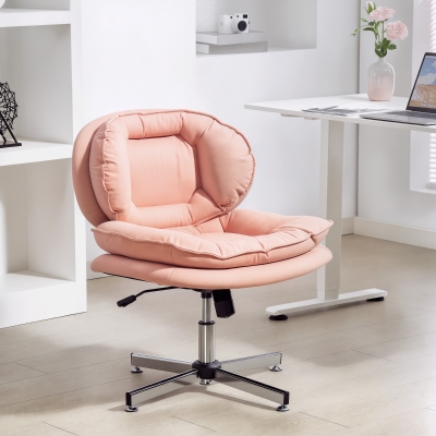 HOMCOM Criss Cross Chair, Armless Wide Office Chair with Leathaire Upholstery, Tilting, No Wheels, Pink