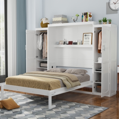 Queen Size Murphy Bed with 2 Wardrobes and Storage Shelf, White