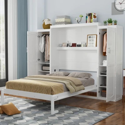 Queen Size Murphy Bed with 2 Wardrobes and Storage Shelf, White