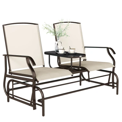 Outsunny Patio Glider Rocking Chair 2 Person Outdoor Loveseat Rocker Garden Furniture Bench, Beige
