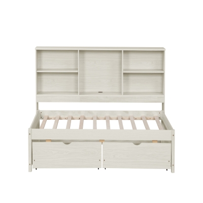 Twin Size Bed Frame with Side Bookshelves, White