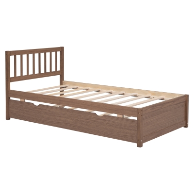 Modern Wooden Twin Size Platform Bed Frame with Trundle, Walnut
