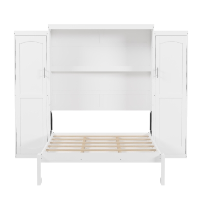 Full Size Murphy Bed with 2 Wardrobes and Storage Shelf, White