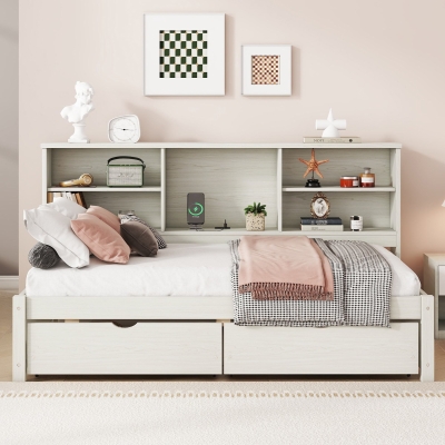 Twin Size Bed Frame with Side Bookshelves, White