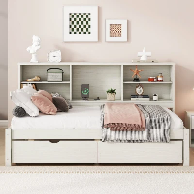 Twin Size Bed Frame with Side Bookshelves, White