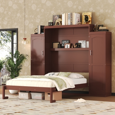 Queen Size Murphy Bed with 2 Wardrobes, Walnut