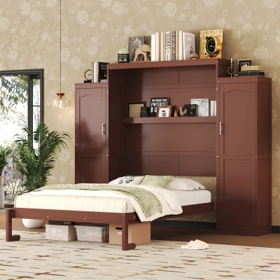Queen Size Murphy Bed with 2 Wardrobes, Walnut