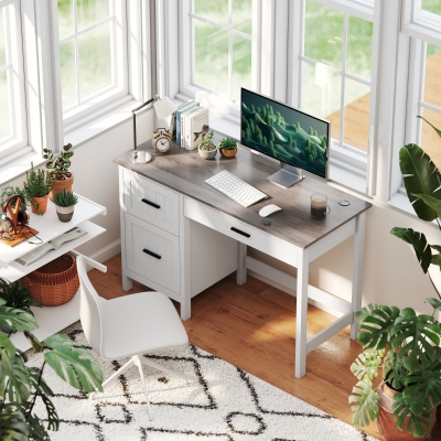 HOMCOM Computer Desk with 3 Drawers, Farmhouse Home Office Desk with File Drawer and Wood Grain Top for Small Spaces, White