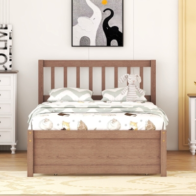 Modern Wooden Twin Size Platform Bed Frame with Trundle, Walnut