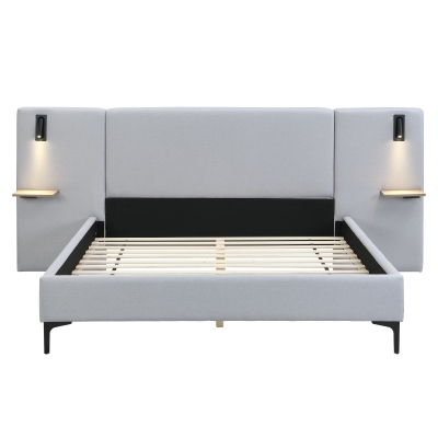 Queen Size Linen Upholstered Bed with Shelves, Grey