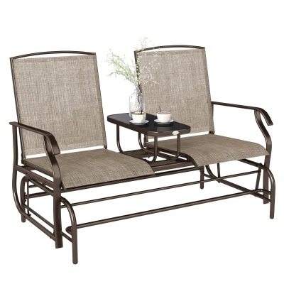 Outsunny Patio Glider Rocking Chair 2 Person Outdoor Loveseat Rocker Garden Furniture Bench, Flaxen