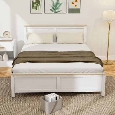 HOMCOM Queen Platform Bed Frame with Headboard, Wooden Slats, White
